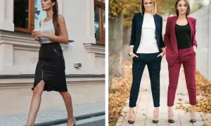 Eleganckie stylizacje smart casual na imprezę: czarna spódnica z zamkiem i beżowym topem, granatowy i bordowy garnitur damski.