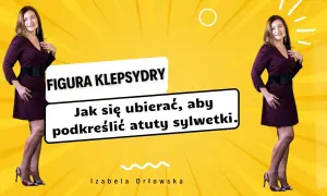 Kobieta z figurą klepsydry w bordowej sukience i czarnym paskiem. Podkreśla atuty sylwetki.
