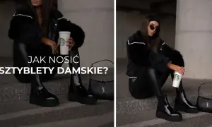Elegancka kobieta w czarnym futrze i skórzanych legginsach prezentuje, jak nosić sztyblety damskie. Obok torebka YSL i kubek Starbucks.