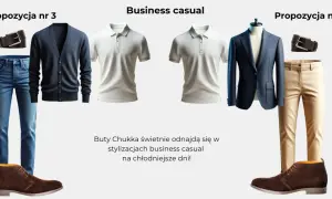 Dwie propozycje stylizacji business casual: granatowy kardigan z dżinsami i beżowy garnitur z koszulką polo. Idealne na chłodniejsze dni, podkreślają sartorialny styl.