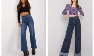 Dwie kobiety prezentują modne szerokie jeansy stylizacje. Jedna w jasnych jeansach i czarnym topie, druga w ciemnych jeansach i kwiecistej bluzce.