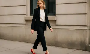 Elegancka kobieta w czarnym garniturze i kremowym topie, zmysłowo prezentująca czerwone szpilki. Stylowe czerwone szpilki dodają charakteru tej biznesowej stylizacji.