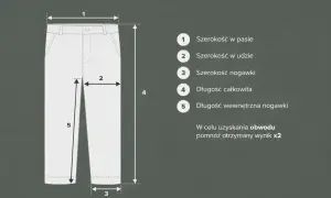 Tabela rozmiarów spodni: szerokość w pasie, udzie, nogawce, długość całkowita i wewnętrzna. Idealne dla rozmiaru 34.