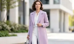 Elegancka kobieta w pastelowym płaszczu. Kolor liliowy z czym łączyć? Z bielą, szarością, a nawet z delikatnymi pastelami.