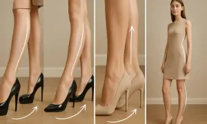 Eleganckie damskie buty na szerokich obcasach podkreślają linię nóg. Modelka w beżowej sukience prezentuje efekt.