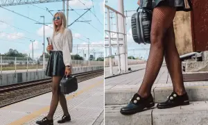 Elegancka stylizacja na podróż: skórzana spódniczka, sweterek i mokasyny z perłami. Idealne połączenie, jakie spodnie do mokasynów?
