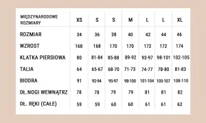 Tabela rozmiarów od XS do XL. Rozmiar 38 (wzrost 170 cm) odpowiada wiekowi ok. 12-14 lat.