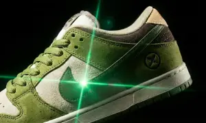 Zielone buty sportowe z beżowymi akcentami i zielonym laserem. Sprawdź, jak sprawdzić czy buty są oryginalne, zwracając uwagę na detale.