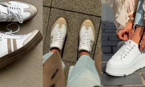 Idealne buty na wiosnę: białe sneakersy z beżowymi i brązowymi detalami, na grubej podeszwie lub klasyczne.