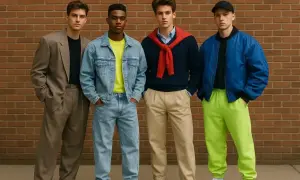 Czterech młodych mężczyzn prezentuje stylizacje inspirowane modą lat 80 w Polsce: garnitur, jeans, sweter z krawatem i bomberka z neonowymi spodniami.