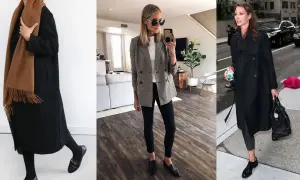Eleganckie loafersy damskie w stylizacjach: klasyczny płaszcz, marynarka w kratę i trencz.