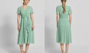 Elegancka miętowa sukienka z falbankami i wiązaniem w talii. Idealna na letnie przyjęcia. Jakie dodatki do miętowej sukienki?