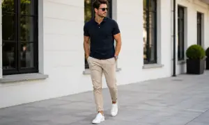 Elegancki mężczyzna w granatowym polo i beżowych chinosach, zastanawia się, jakie buty do chinosów wybrać. Białe sneakersy to strzał w dziesiątkę!
