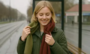 Uśmiechnięta blondynka w zielonej kurtce zastanawia się, jaki szalik do zielonej kurtki będzie najlepszy. Wybiera między oliwkowym a bordowym.