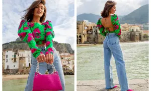 Włoski styl: kwiecisty crop top z bufiastymi rękawami, jeansy i fuksjowa torebka. Tak ubierają się włoszki.