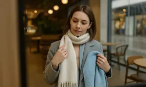 Kobieta w szarym płaszczu i kremowym szaliku trzyma niebieski szalik.