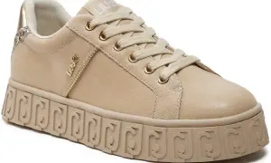 Beżowe sneakersy Liu Jo z zamszu i złotymi detalami. To włoska marka znana z modnych ubrań i dodatków.