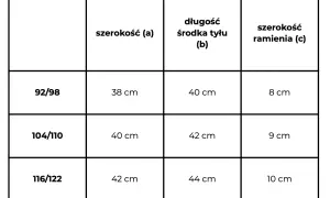Tabela rozmiarów odzieży. Rozmiar 92/98 ma szerokość 38 cm, długość 40 cm, a szerokość ramienia 8 cm.