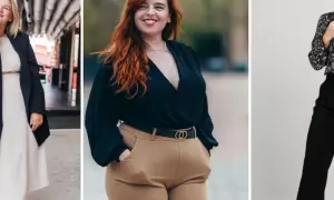 Trzy stylizacje plus size: beżowa sukienka z marynarką, czarna bluzka z brązowymi spodniami, czarna bluzka z czarnymi spodniami.