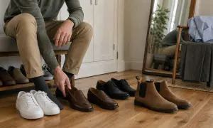 Mężczyzna wybiera idealną parę butów do swojej stylizacji. Na podłodze białe sneakersy, brązowe mokasyny, czarne półbuty i zamszowe botki.