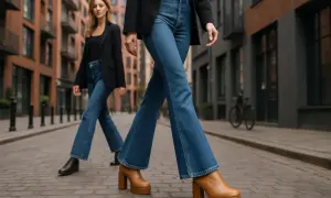 Kobiety w dzwonach i modnych butach na platformie. Idealne jakie buty do dzwonów, by podkreślić stylizację.