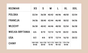 Tabela rozmiarów odzieży: polski 146 to francuski 42/44, włoski 44/46, brytyjski 12/14, amerykański 8/10, chiński 167-172/92-96.