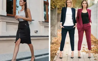 Eleganckie stylizacje na imprezę firmową w plenerze: spódnica z zamkiem i sukienki w garniturach.