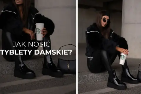 Elegancka kobieta w czarnym futrze i skórzanych legginsach prezentuje, jak nosić sztyblety damskie. Obok torebka YSL i kubek Starbucks.