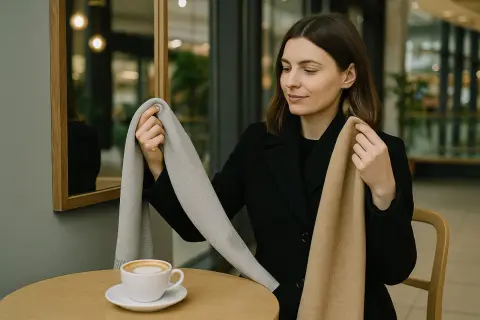 Kobieta w czarnym płaszczu zastanawia się, jaki szalik do czarnego płaszcza damskiego wybrać – jasnoszary czy beżowy.