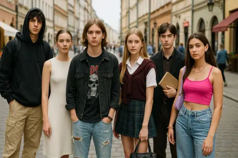 Grupa nastolatków w różnorodnych stylizacjach stoi na ulicy.