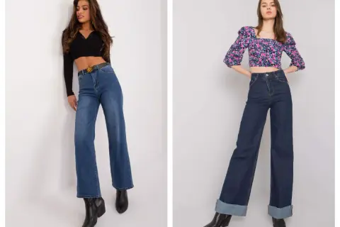 Dwie kobiety prezentują modne szerokie jeansy stylizacje. Jedna w jasnych jeansach i czarnym topie, druga w ciemnych jeansach i kwiecistej bluzce.