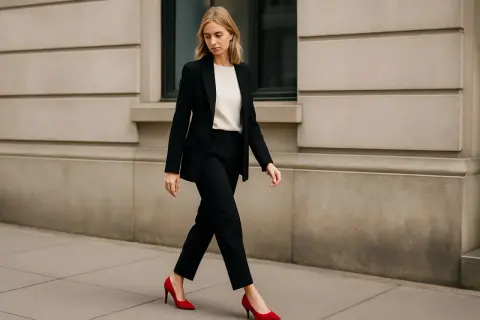Elegancka kobieta w czarnym garniturze i kremowym topie, zmysłowo prezentująca czerwone szpilki. Stylowe czerwone szpilki dodają charakteru tej biznesowej stylizacji.