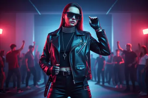 Skórzana ramoneska, okulary i rękawiczki to idealny strój, jak się ubrać na imprezę techno. Tłum tańczy w rytm muzyki.