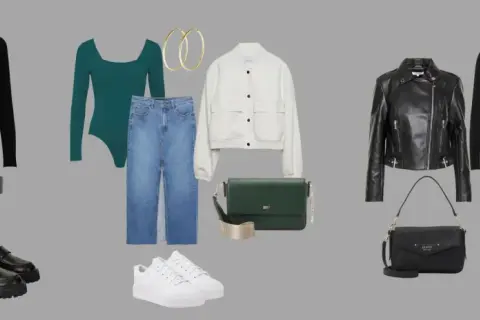 Inspiracje na stylizacje: jak się ubrać na babski wieczór. Jeansy, body, ramoneska, marynarka, torebki i buty.