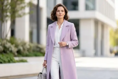 Elegancka kobieta w pastelowym płaszczu. Kolor liliowy z czym łączyć? Z bielą, szarością, a nawet z delikatnymi pastelami.