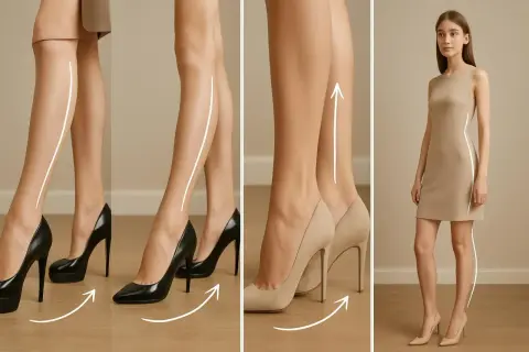 Eleganckie damskie buty na szerokich obcasach podkreślają linię nóg. Modelka w beżowej sukience prezentuje efekt.