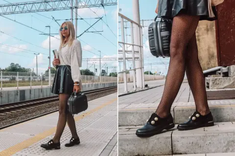 Elegancka stylizacja na podróż: skórzana spódniczka, sweterek i mokasyny z perłami. Idealne połączenie, jakie spodnie do mokasynów?