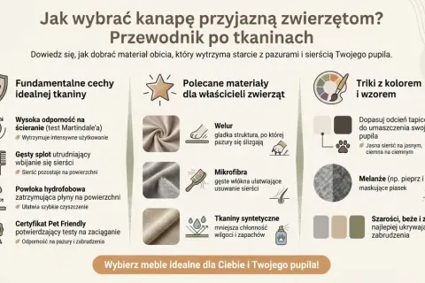 Przewodnik po tkaninach dla właścicieli zwierząt: welur, mikrofibra i tkaniny syntetyczne. Wybierz materiał odporny na sierść i zabrudzenia.