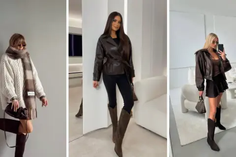 Brązowe kozaki stylizacje: sweter oversize, skórzana kurtka i krótka spódniczka.