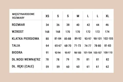 Tabela rozmiarów od XS do XL. Rozmiar 38 (wzrost 170 cm) odpowiada wiekowi ok. 12-14 lat.