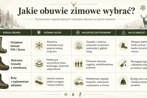 Porównanie zimowego obuwia łowieckiego: kalosze EVA, skórzane trzewiki z membraną i buty z wyjmowanym wkładem.