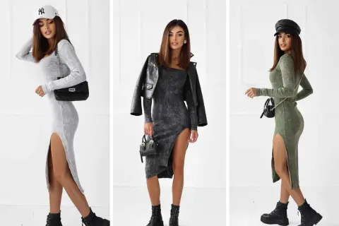 Trzy kobiety prezentują modny styl ubioru: dopasowane sukienki z rozcięciem, skórzane kurtki i botki.