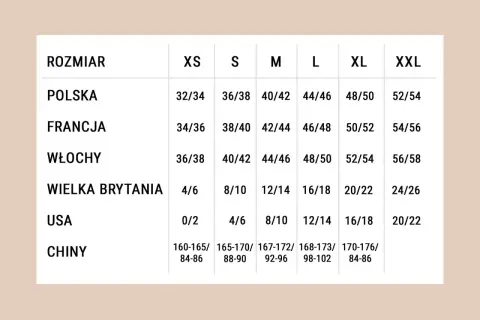 Tabela rozmiarów: polskie 32/34, francuskie 34/36, włoskie 36/38, brytyjskie 4/6, USA 0/2, chińskie 160-165/84-86. Jaki to rozmiar?