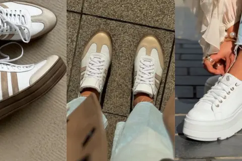 Idealne buty na wiosnę: białe sneakersy z beżowymi i brązowymi detalami, na grubej podeszwie lub klasyczne.