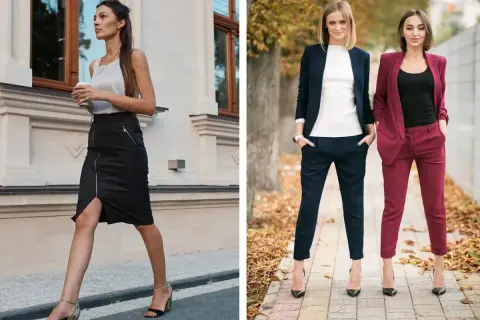 Eleganckie stylizacje na imprezę: czarna spódnica z zamkiem i szpilki lub garnitury w granacie i bordo.