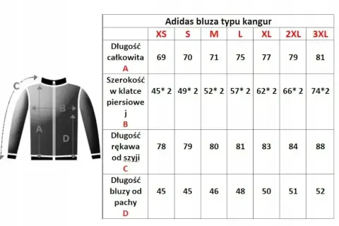 Tabela rozmiarów bluzy Adidas. Jaki rozmiar jest większy L czy M? L ma 75 cm długości całkowitej, M 71 cm.