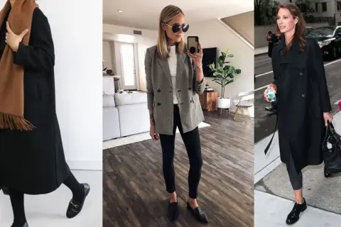 Eleganckie loafersy damskie w stylizacjach: klasyczny płaszcz, marynarka w kratę i trencz.