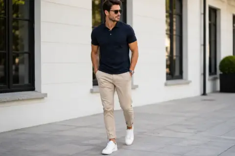 Elegancki mężczyzna w granatowym polo i beżowych chinosach, zastanawia się, jakie buty do chinosów wybrać. Białe sneakersy to strzał w dziesiątkę!