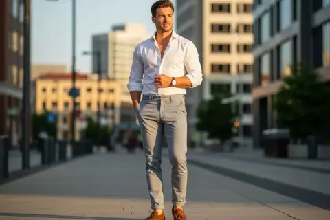 Mężczyzna w białej koszuli i szarych spodniach, idealnie wpisujący się w **smart casual dress code**, spaceruje po mieście.