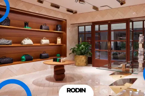 Elegancki butik z torebkami premium. Wnętrze sklepu z marką Guess, gdzie luksusowe akcesoria prezentowane są na drewnianych półkach.